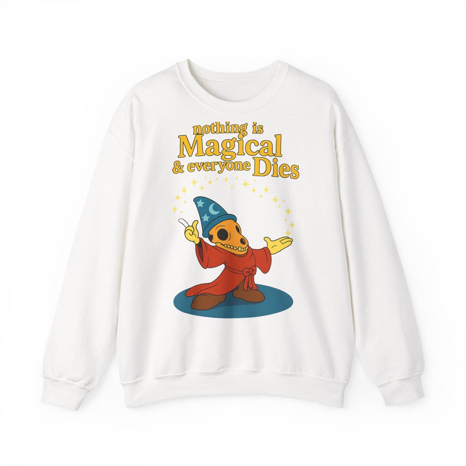 Aschgraues Sweatshirt in Frontansicht präsentiert ein sarkastisches Skelett im Zaubergewand mit Schriftzug von True Insights.
