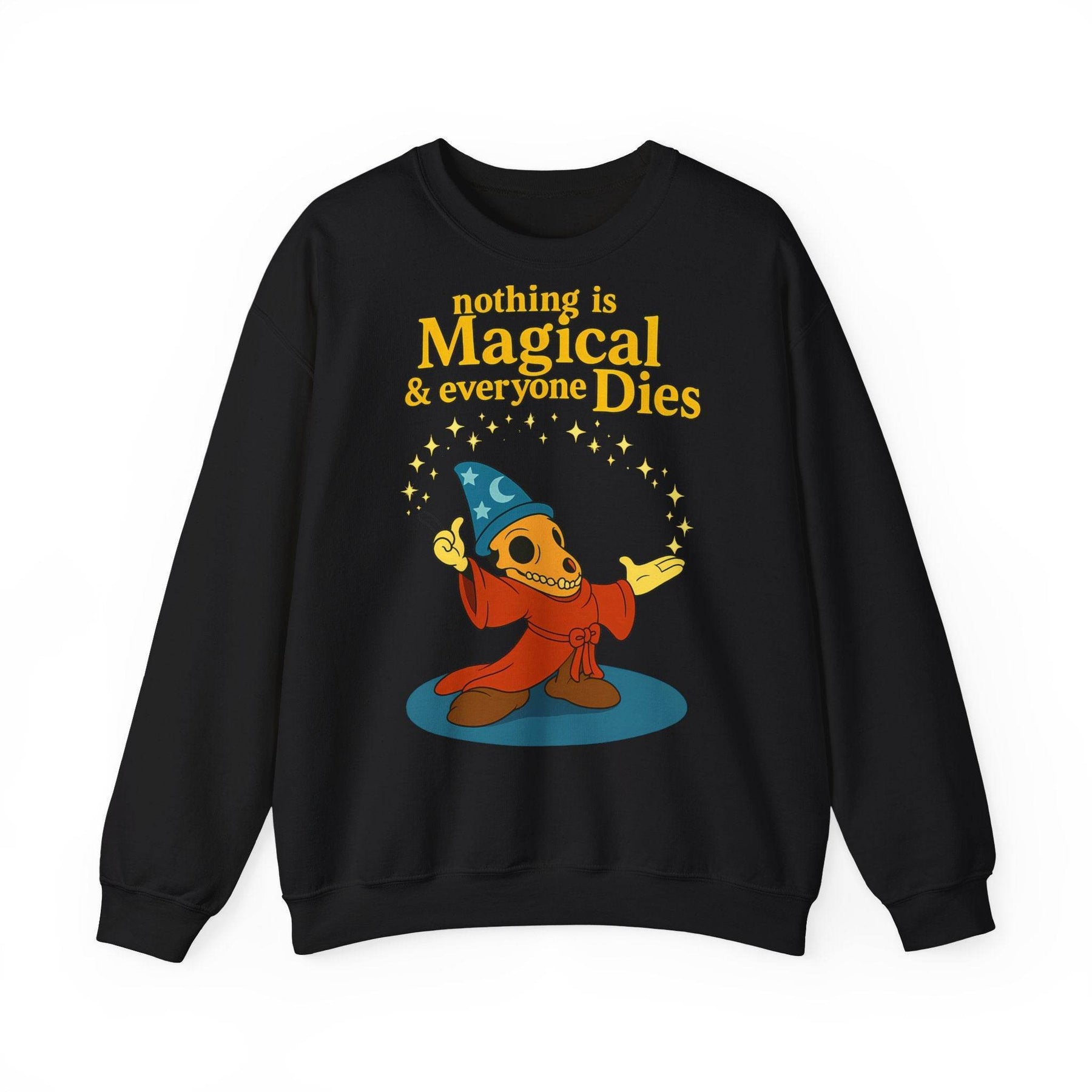 Ein aschgraues Sweatshirt zeigt in Frontansicht satirisches Skelett im Zaubergewand und zynischen Fingerzeig von True Insights.