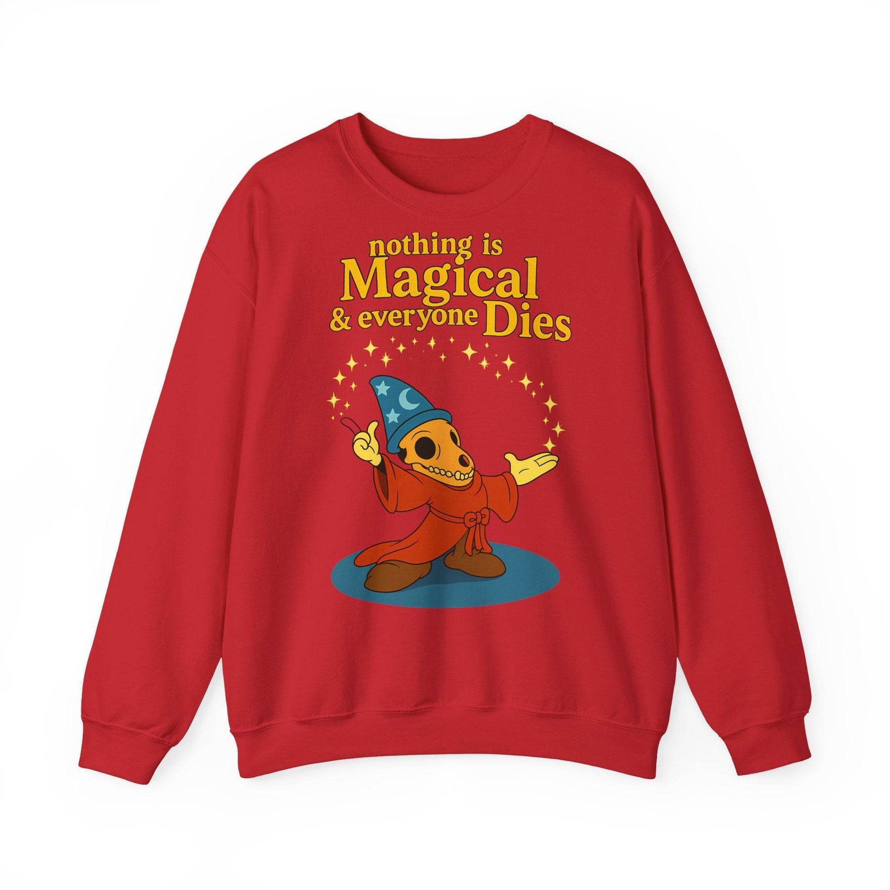 Aschgraues Sweatshirt mit satirischem Skelettmotiv zeigt zynisches Zauberskelett und dunklen Humor von True Insights