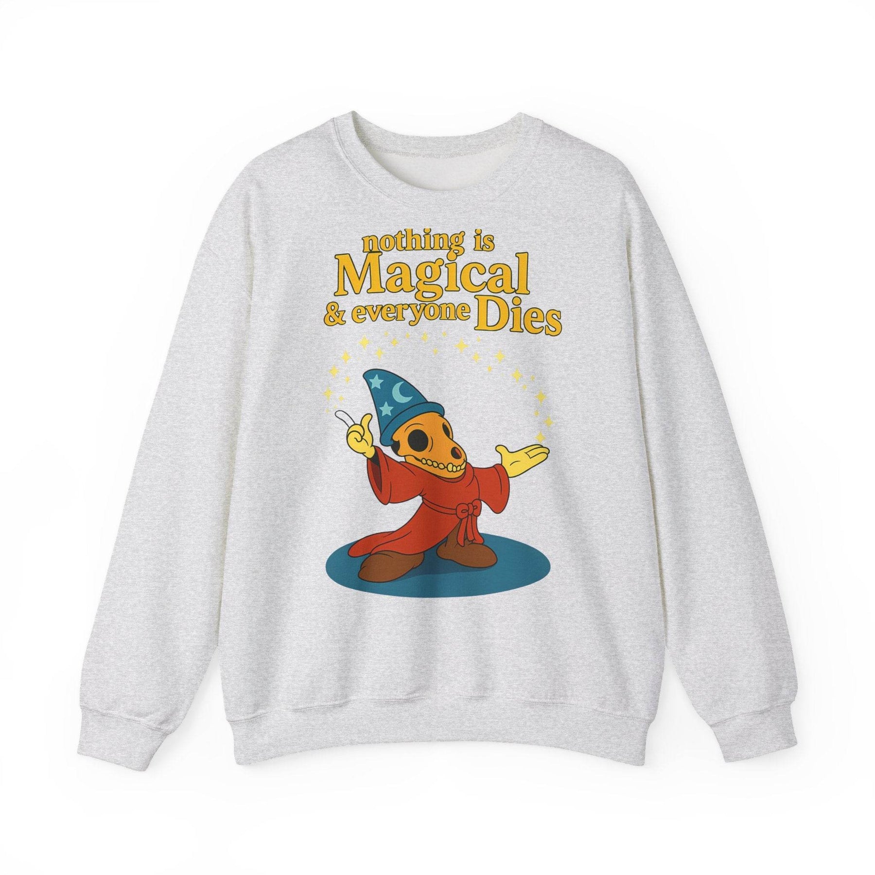 Die Frontansicht zeigt ein aschgraues Sweatshirt mit sarkastischem Skelett‑Aufdruck und trockenem Humor, von True Insights.
