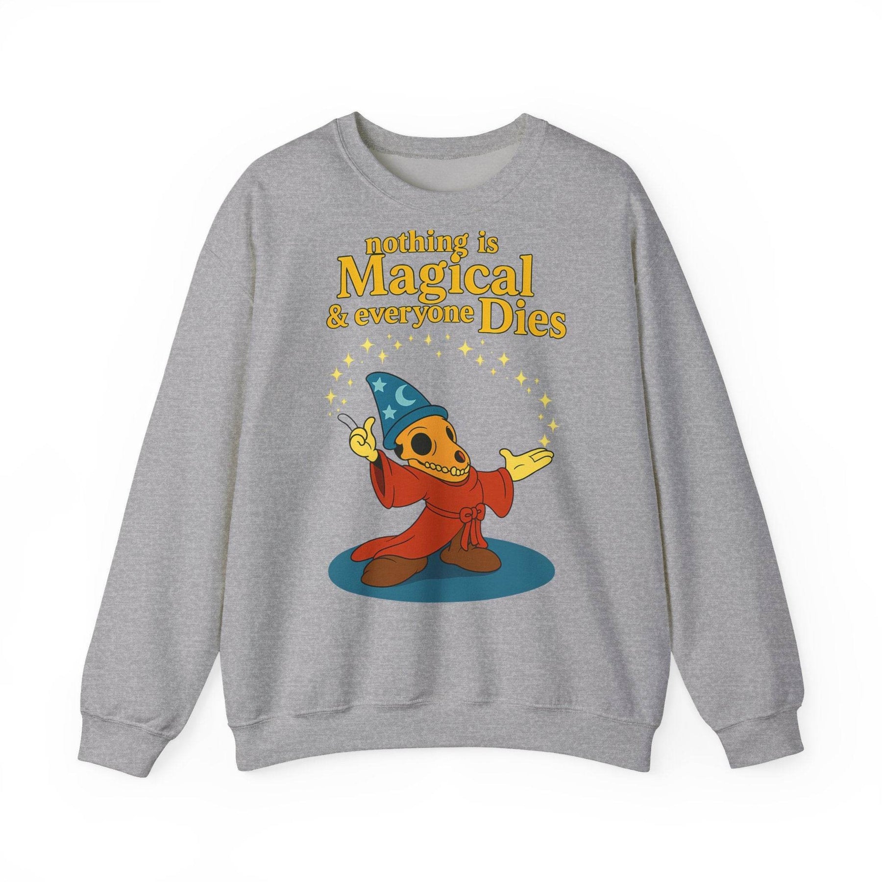 Das aschgraue Sweatshirt zeigt in Frontansicht ein sarkastisches Skelett im Zaubergewand mit Schriftzug, von True Insights.