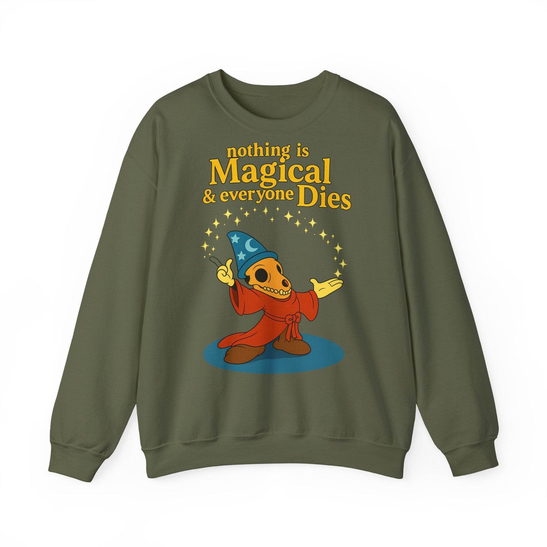 Das aschgraue Sweatshirt in Frontansicht zeigt ein zynisches Skelett im Zaubergewand mit sarkastischem Schriftzug von True Insights.