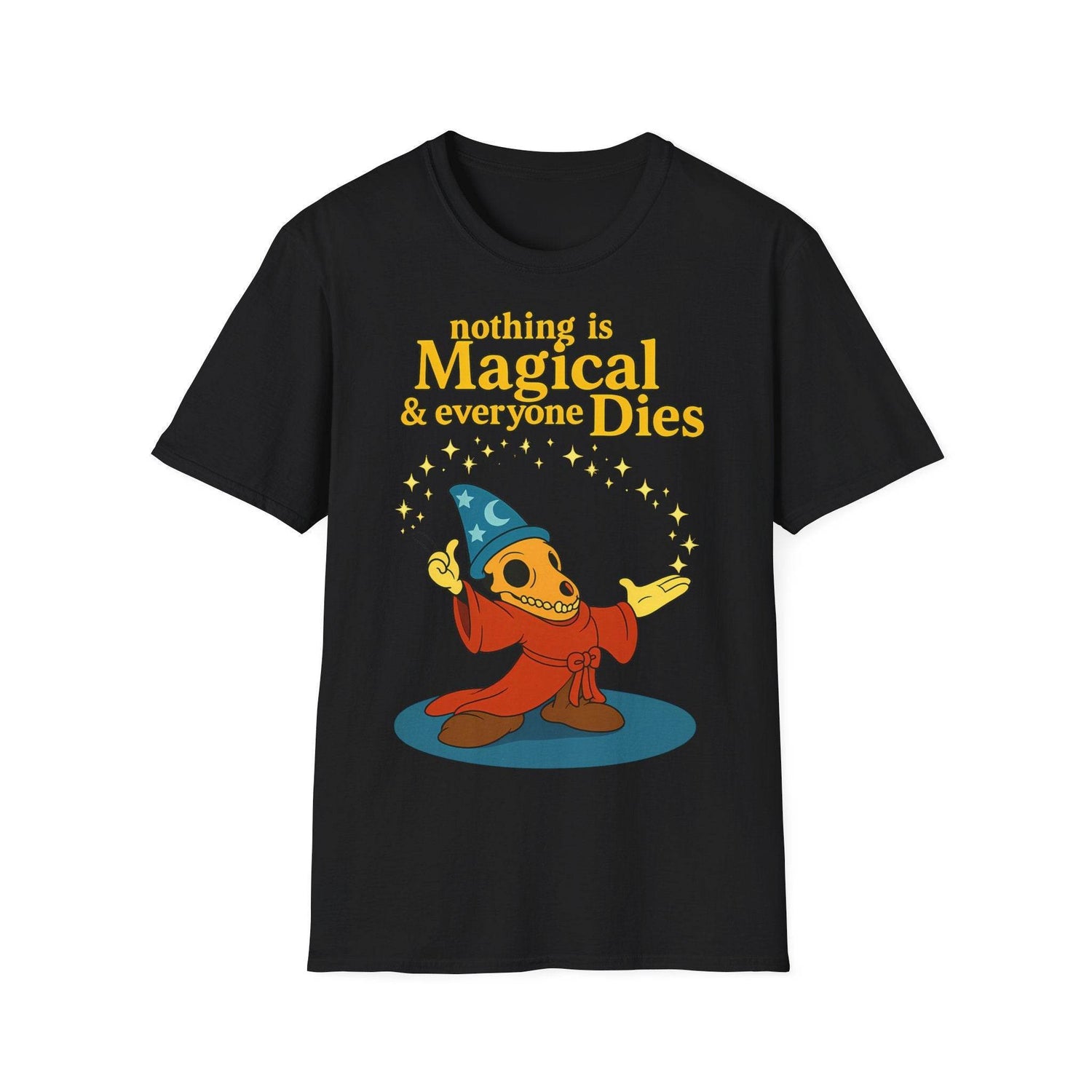 Die Frontansicht eines anthrazitfarbenen T-Shirts präsentiert ein satirisches Skelettmotiv mit schwarzem Humor von True Insights.