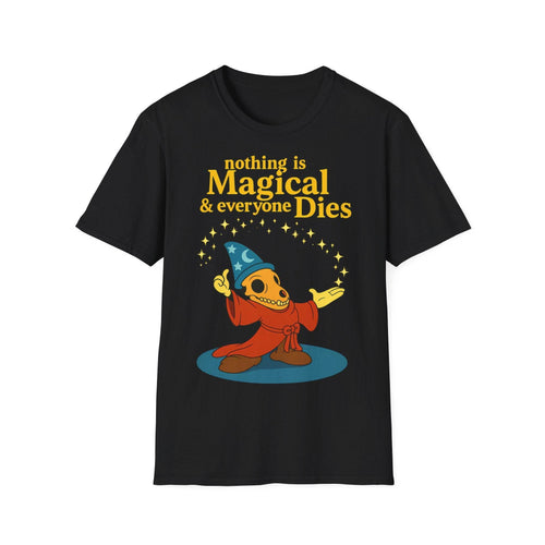 Die Frontansicht eines anthrazitfarbenen T-Shirts präsentiert ein satirisches Skelettmotiv mit schwarzem Humor von True Insights.