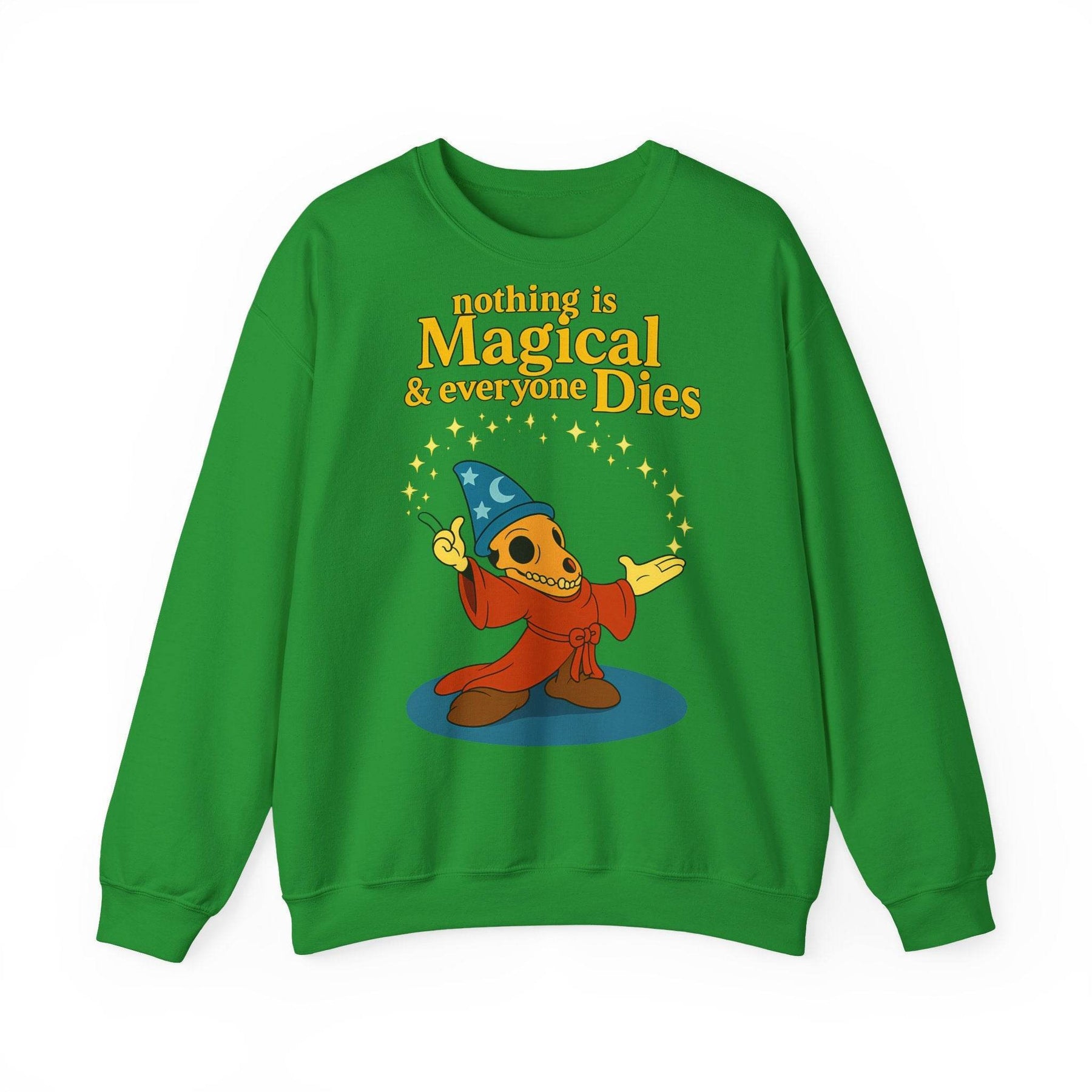 Zeigt aschgraues Sweatshirt in Frontansicht mit satirischem Skelett-Print und zynischem Schriftzug von True Insights.