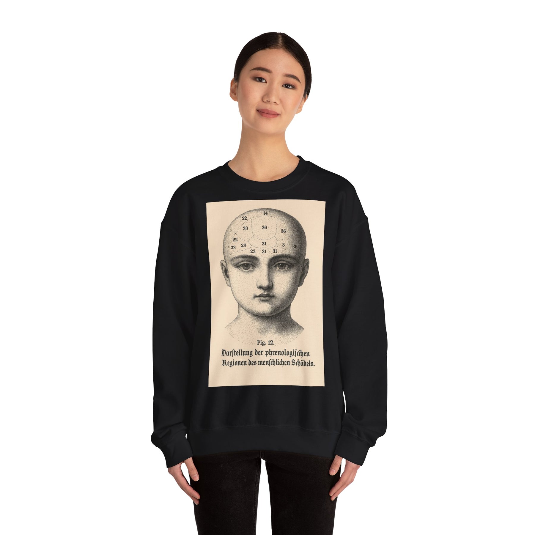 Vintage Motiv – Phrenologie Sweatshirt – Vintage-Schädelstudie „Fig. 12“ | True Insights Design mit Humor