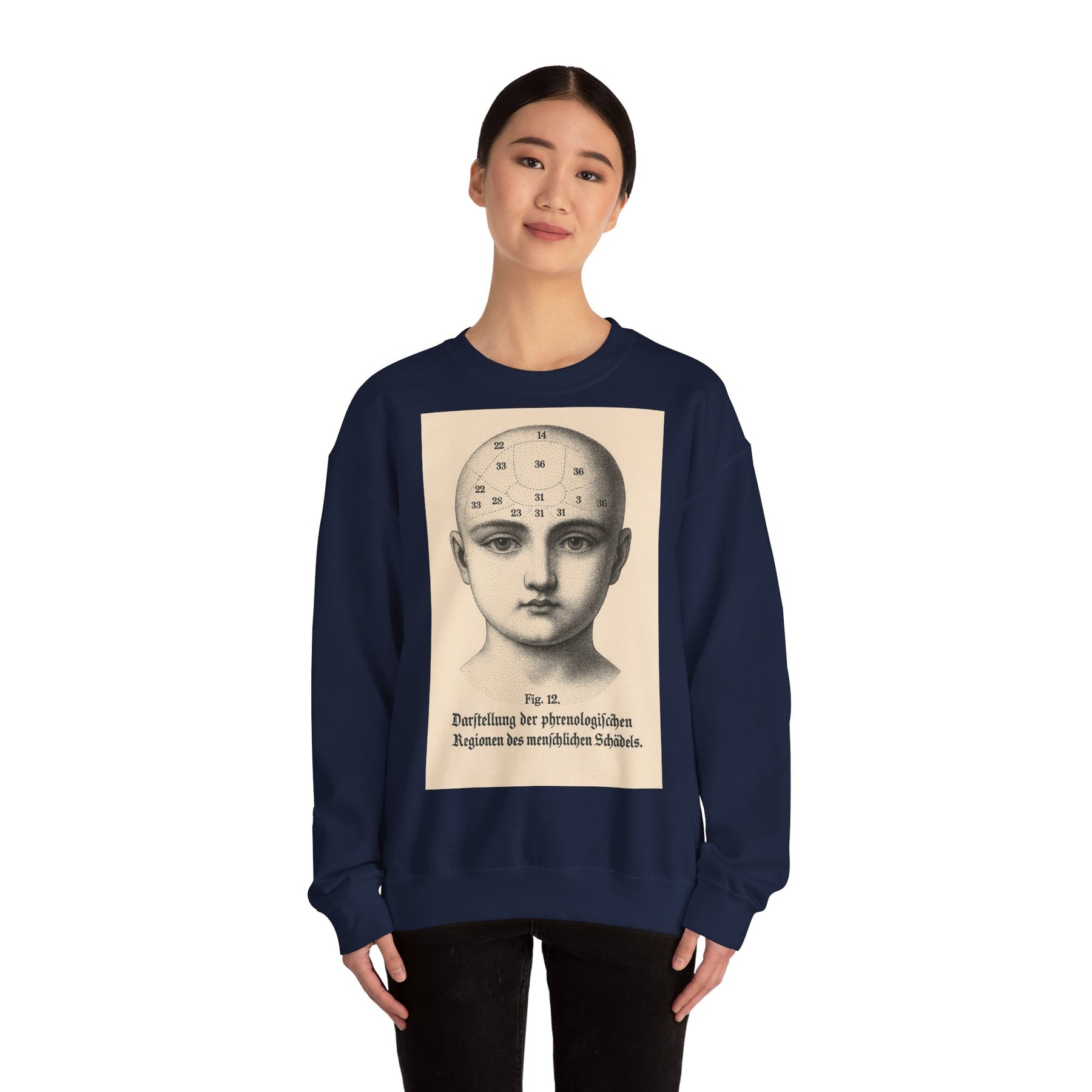 Vintage Motiv – Phrenologie Sweatshirt – Vintage-Schädelstudie „Fig. 12“ | True Insights Design mit Humor