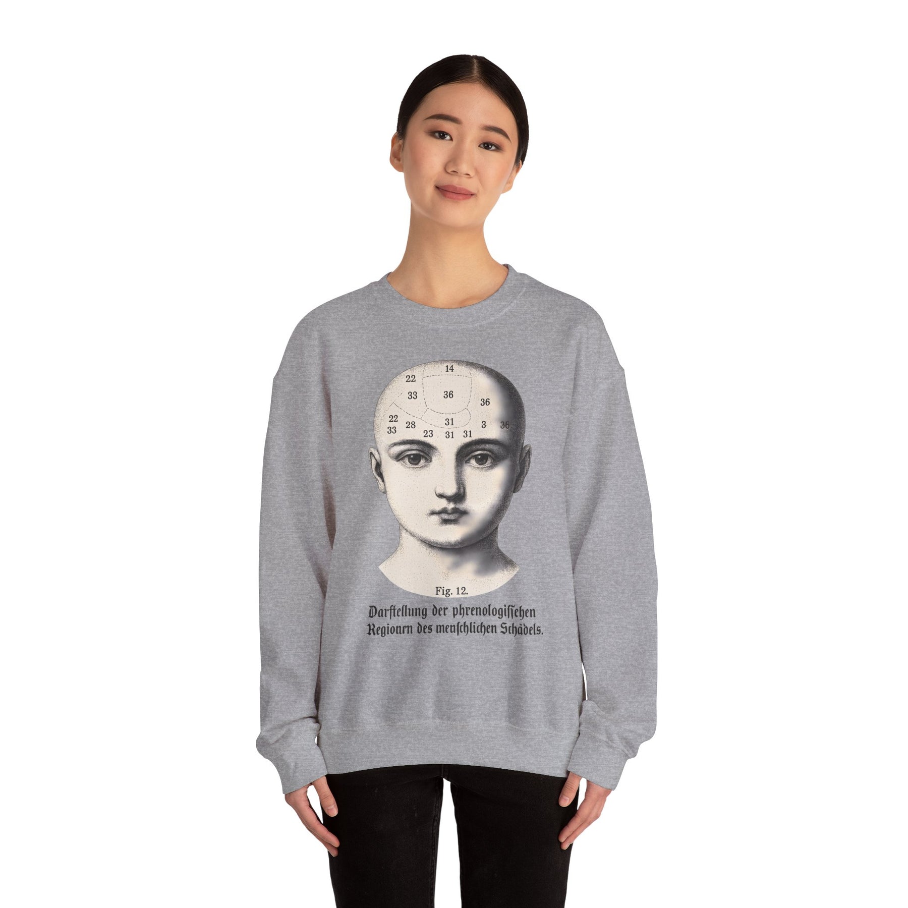 Vintage Motiv – Phrenologie Sweatshirt – Vintage-Schädelstudie „Fig. 12“ | True Insights Design mit Humor