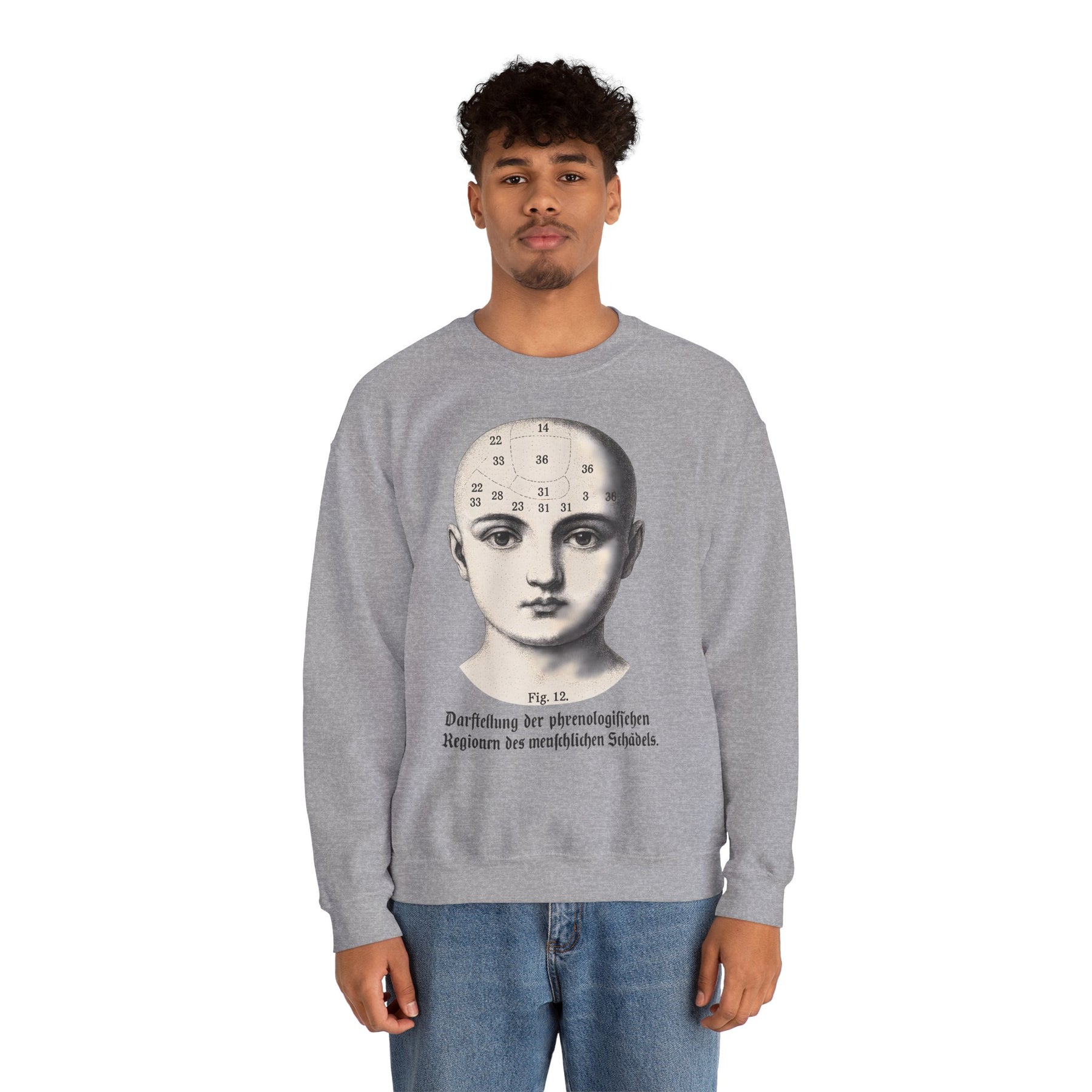 Vintage Motiv – Phrenologie Sweatshirt – Vintage-Schädelstudie „Fig. 12“ | True Insights Design mit Humor