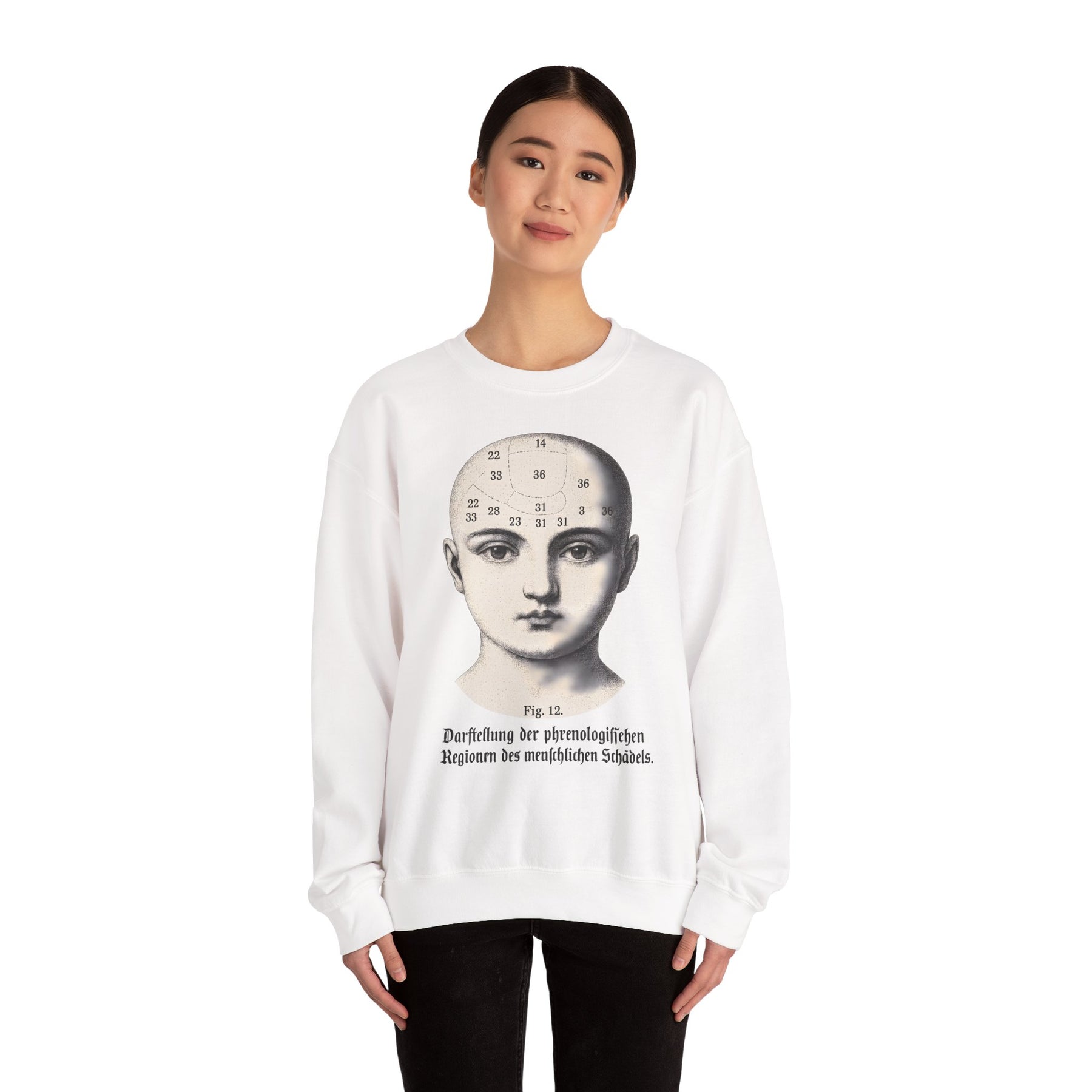 Vintage Motiv – Phrenologie Sweatshirt – Vintage-Schädelstudie „Fig. 12“ | True Insights Design mit Humor