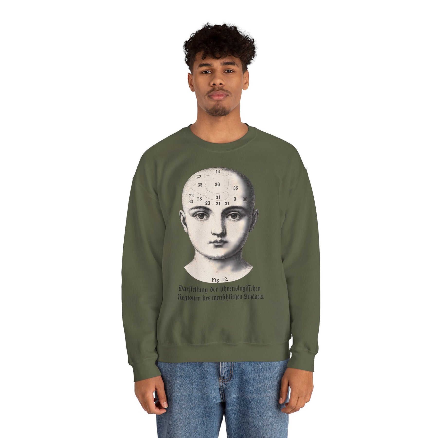 Vintage Motiv – Phrenologie Sweatshirt – Vintage-Schädelstudie „Fig. 12“ | True Insights Design mit Humor