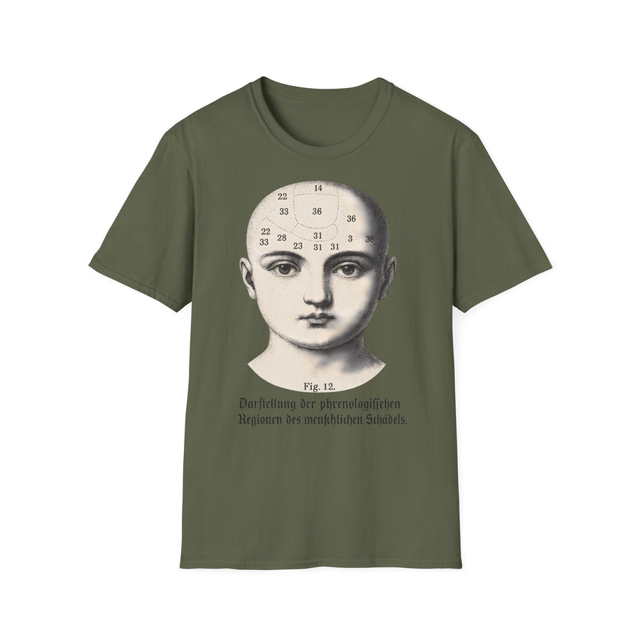 True Insights T-Shirt Phrenologie Vintage Schädelillustration Dark Academia in Military Green