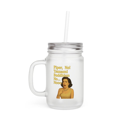 Die Frontansicht zeigt ein gefrostetes transparentes Jar-Glas mit Aufdruck „Piper, no!“, Henkel und Schraubdeckel von True Insights.