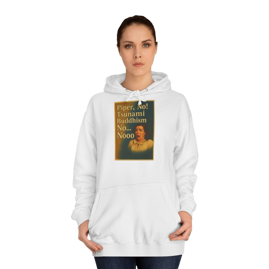 Piper, No! Tsunami. Buddhism. Hoodie – Drama-Motiv im Retro-Stil – Arctic White – von Frau getragen