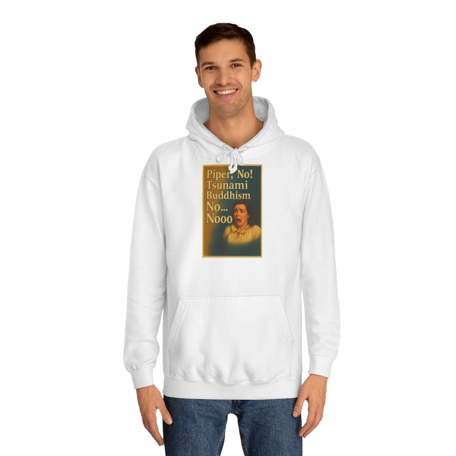 Piper, No! Tsunami. Buddhism. Hoodie – Drama-Motiv im Retro-Stil – Arctic White – von Mann getragen