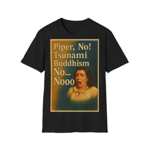 Das anthrazitfarbene T-Shirt präsentiert frontal eine schockierte 70er-Jahre-Frau vor Wellen und Typografie von True Insights.