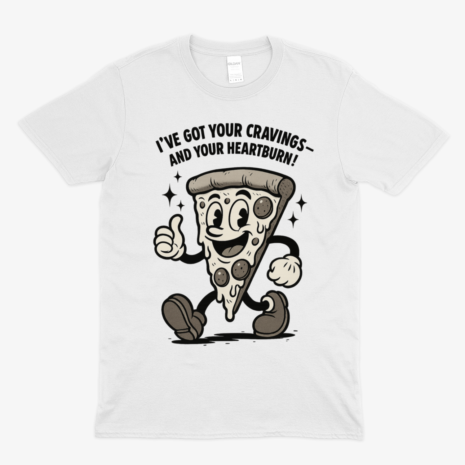 „Pizza Satire T-Shirt – Lustiges Retro Cartoon Shirt mit Spruch ‚Cravings & Heartburn‘-T-Shirt-True Insights