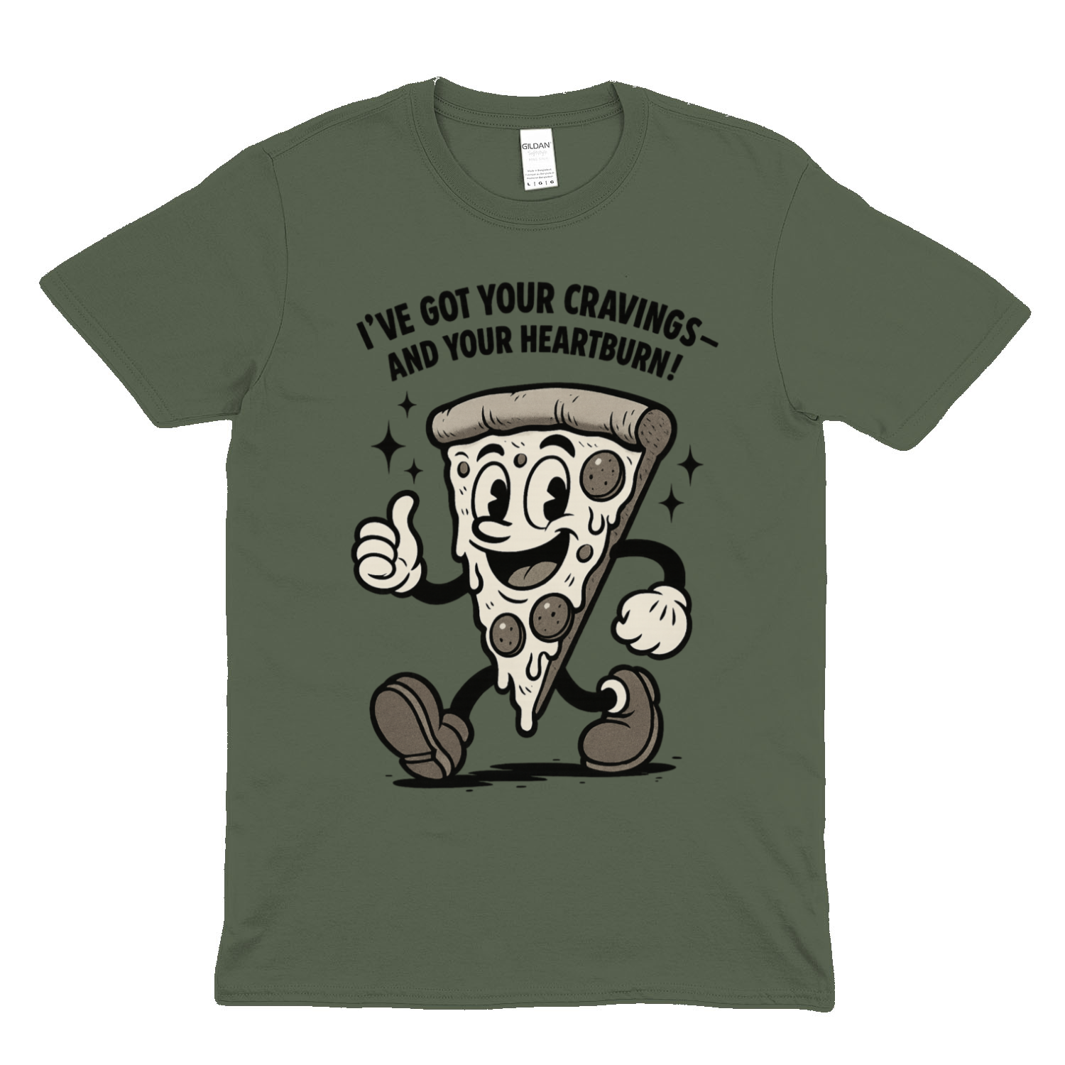 „Pizza Satire T-Shirt – Lustiges Retro Cartoon Shirt mit Spruch ‚Cravings & Heartburn‘-T-Shirt-True Insights