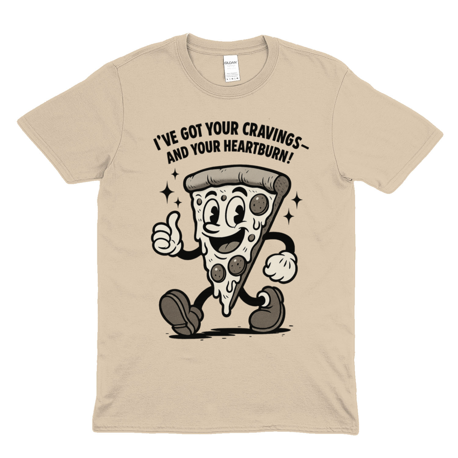 „Pizza Satire T-Shirt – Lustiges Retro Cartoon Shirt mit Spruch ‚Cravings & Heartburn‘-T-Shirt-True Insights