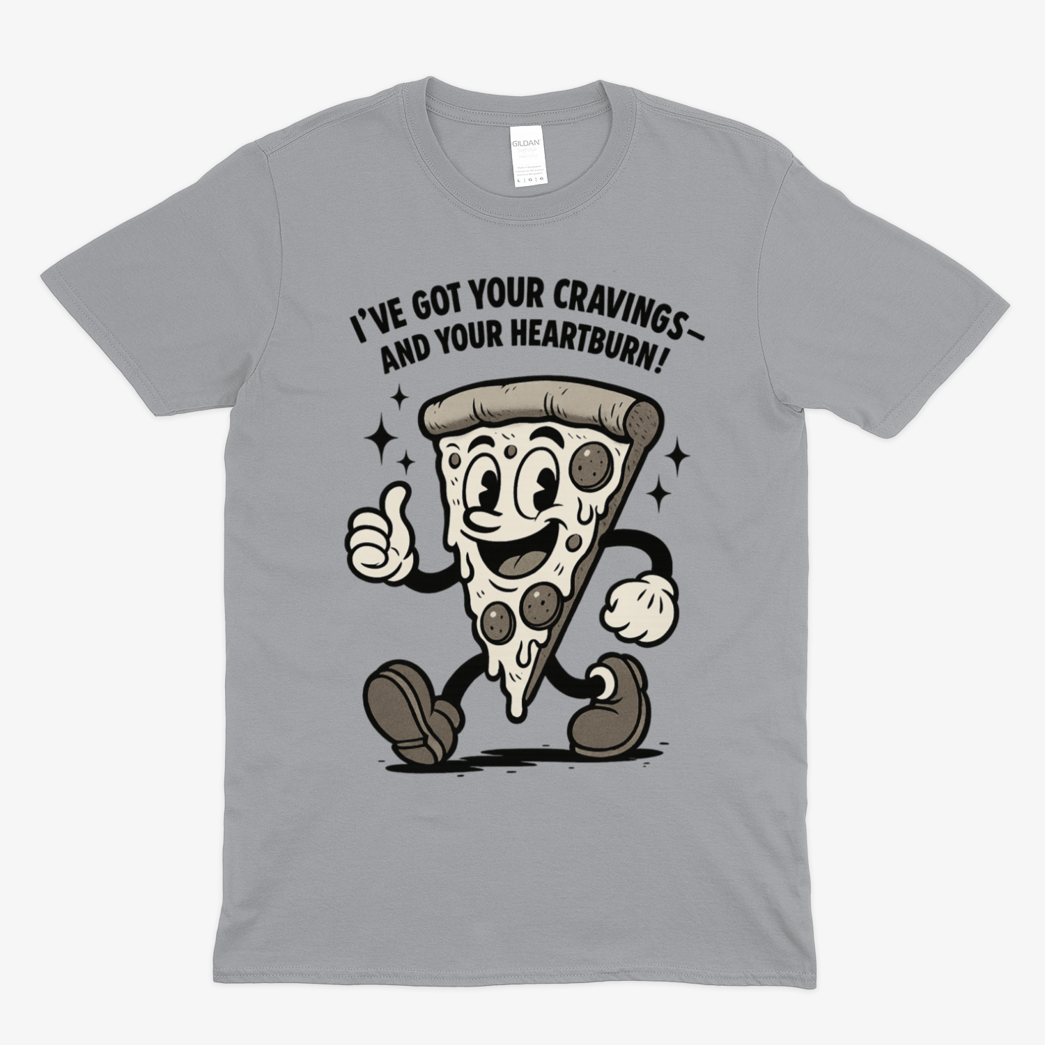 „Pizza Satire T-Shirt – Lustiges Retro Cartoon Shirt mit Spruch ‚Cravings & Heartburn‘-T-Shirt-True Insights