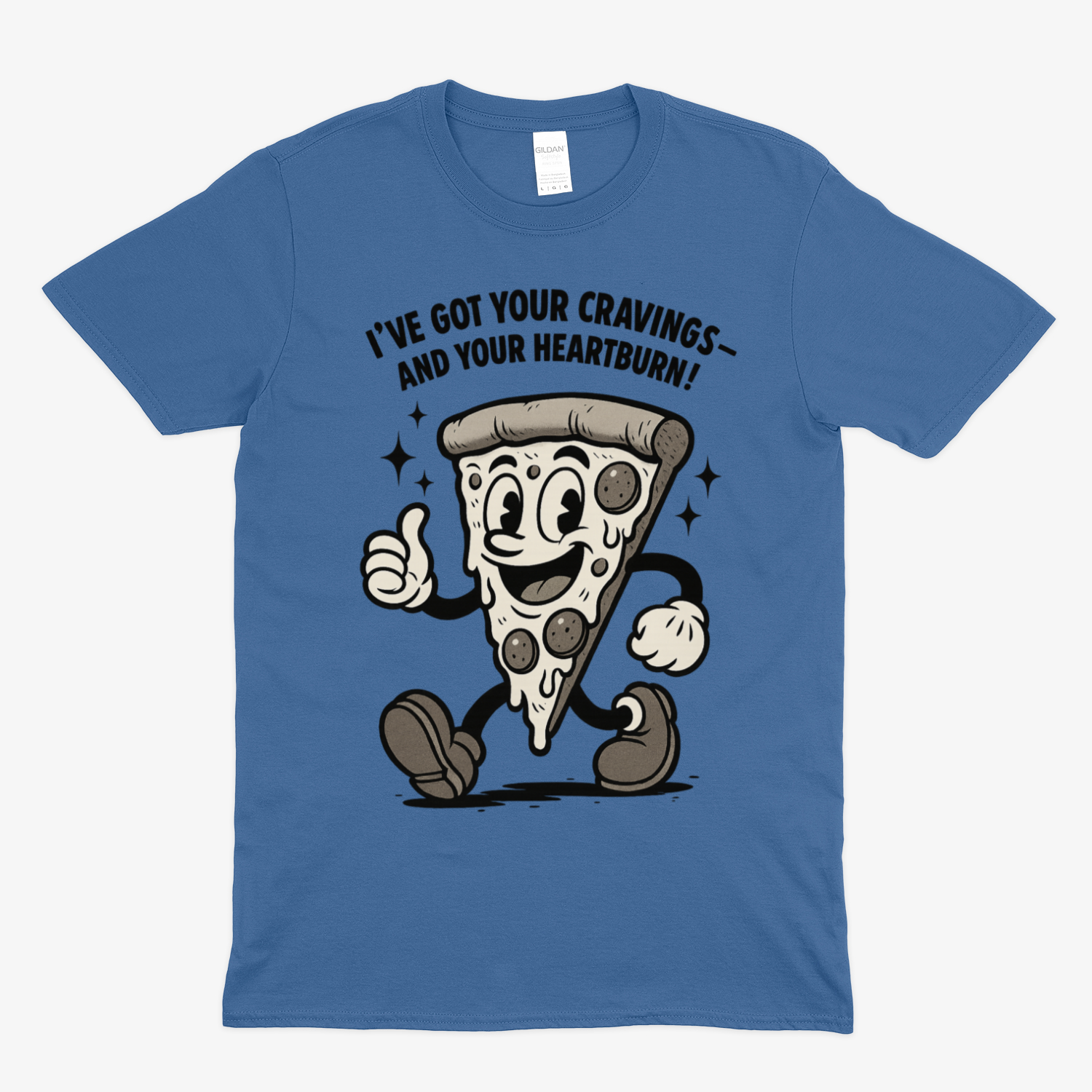 „Pizza Satire T-Shirt – Lustiges Retro Cartoon Shirt mit Spruch ‚Cravings & Heartburn‘-T-Shirt-True Insights