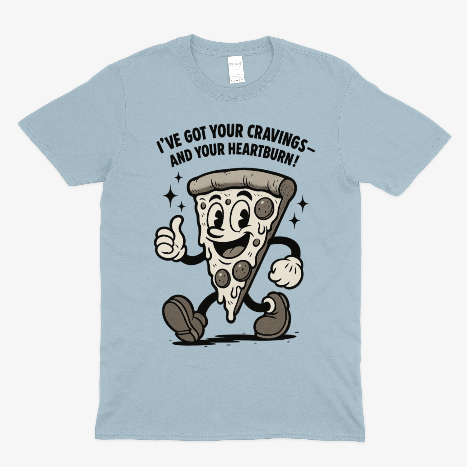 „Pizza Satire T-Shirt – Lustiges Retro Cartoon Shirt mit Spruch ‚Cravings & Heartburn‘-T-Shirt-True Insights