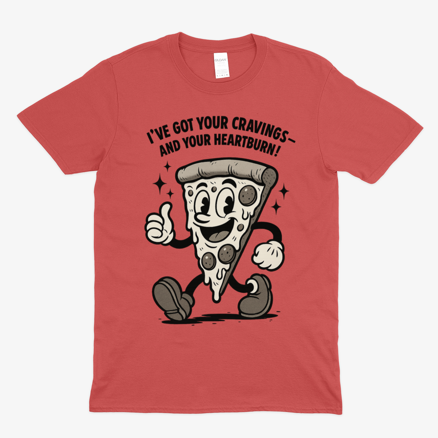 „Pizza Satire T-Shirt – Lustiges Retro Cartoon Shirt mit Spruch ‚Cravings & Heartburn‘-T-Shirt-True Insights