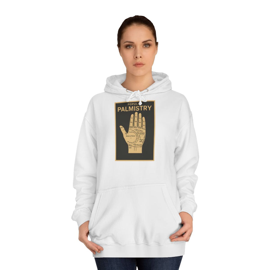 Vintage Hoodie „Popular Palmistry“ – Vintage-Handlesen – Arctic White – von Frau getragen