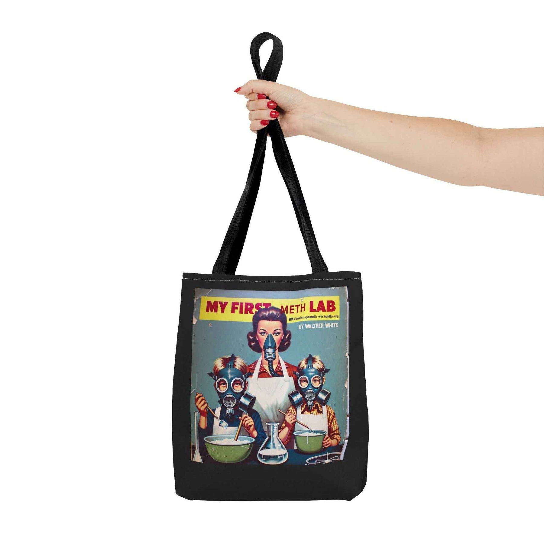 Nahaufnahme einer schwarzen Tote Bag mit Retro-Grafik und lustigem My First Meth Lab-Motiv, Design von True Insights