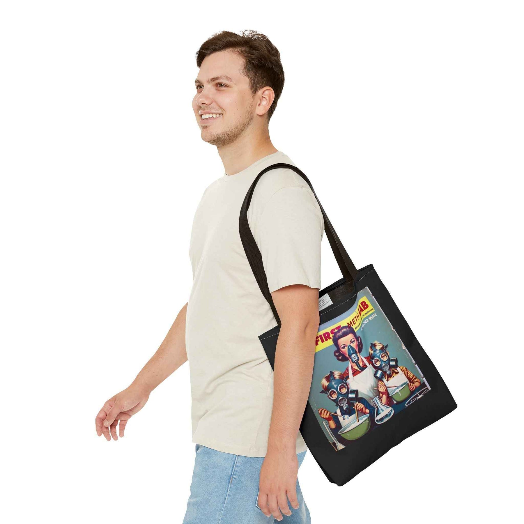 Detailansicht einer schwarzen Tote Bag mit Retro-Motiv „My First Meth Lab“, dezent von true insights gestaltet
