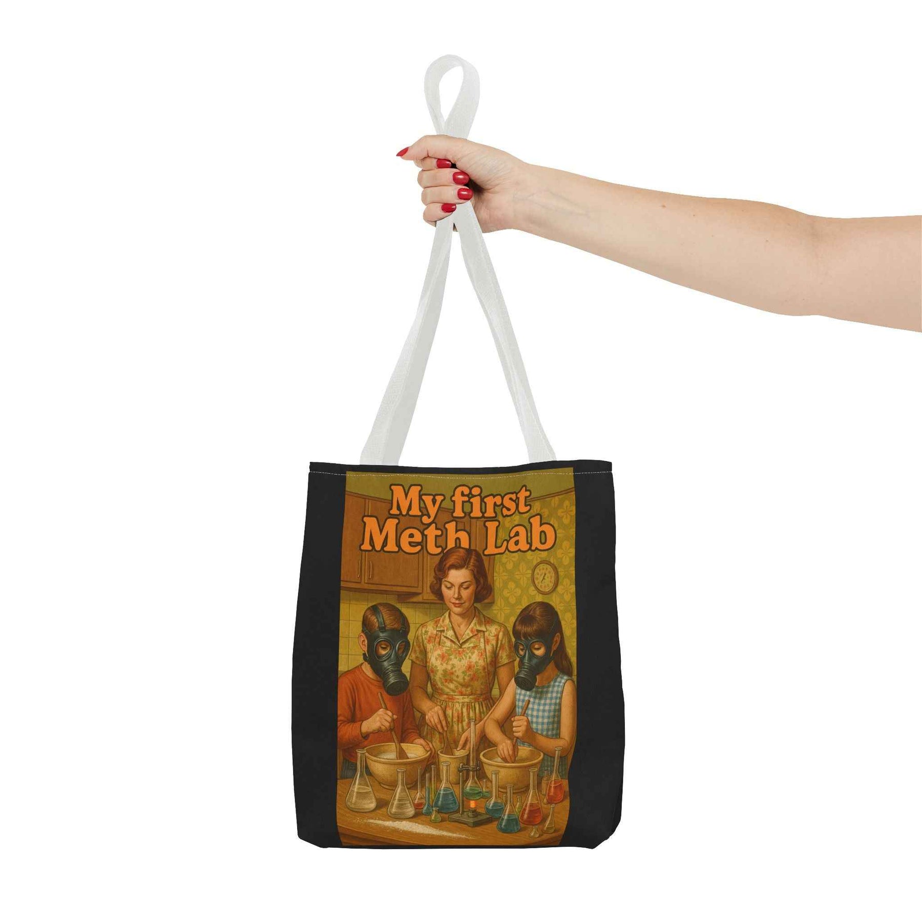 Detailansicht der schwarzen Tote Bag mit Retro-Aufdruck My First Meth Lab und buntem Motiv, von True Insights