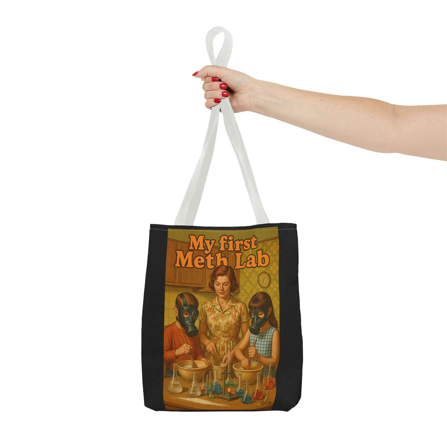 Detailansicht der schwarzen Tote Bag mit Retro-Aufdruck My First Meth Lab und buntem Motiv, von True Insights