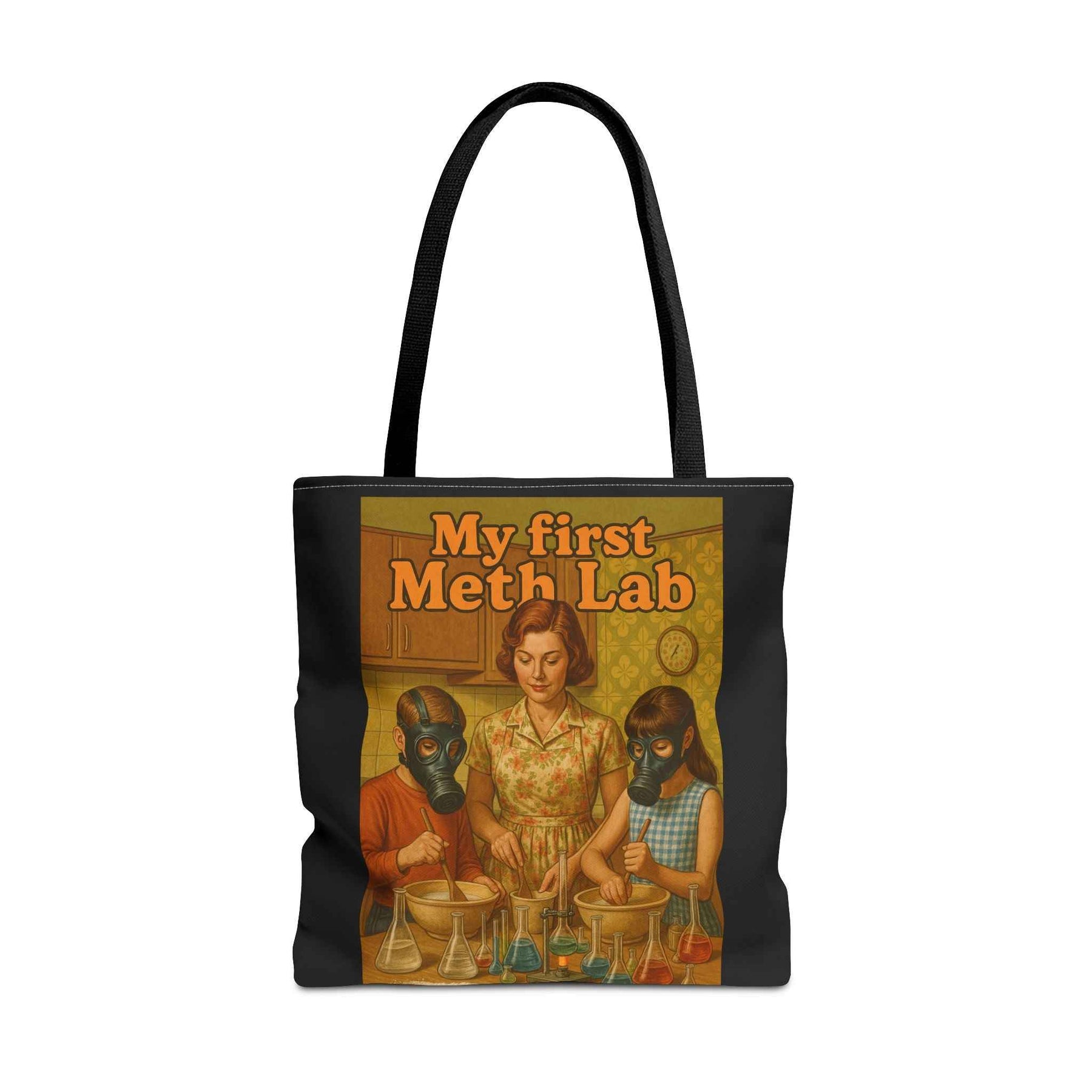 Seitenansicht der schwarzen Tote Bag mit Retro-Aufdruck „My First Meth Lab“ und stabilen Henkeln von True Insights