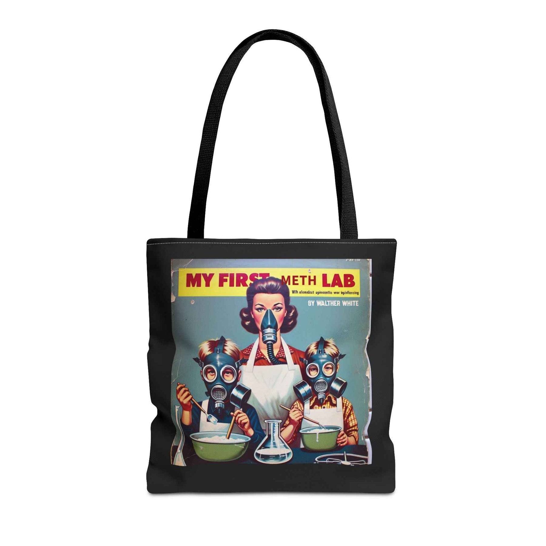 Detailansicht der schwarzen Tote Bag mit Retro-Aufdruck My First Meth Lab, Design von True Insights
