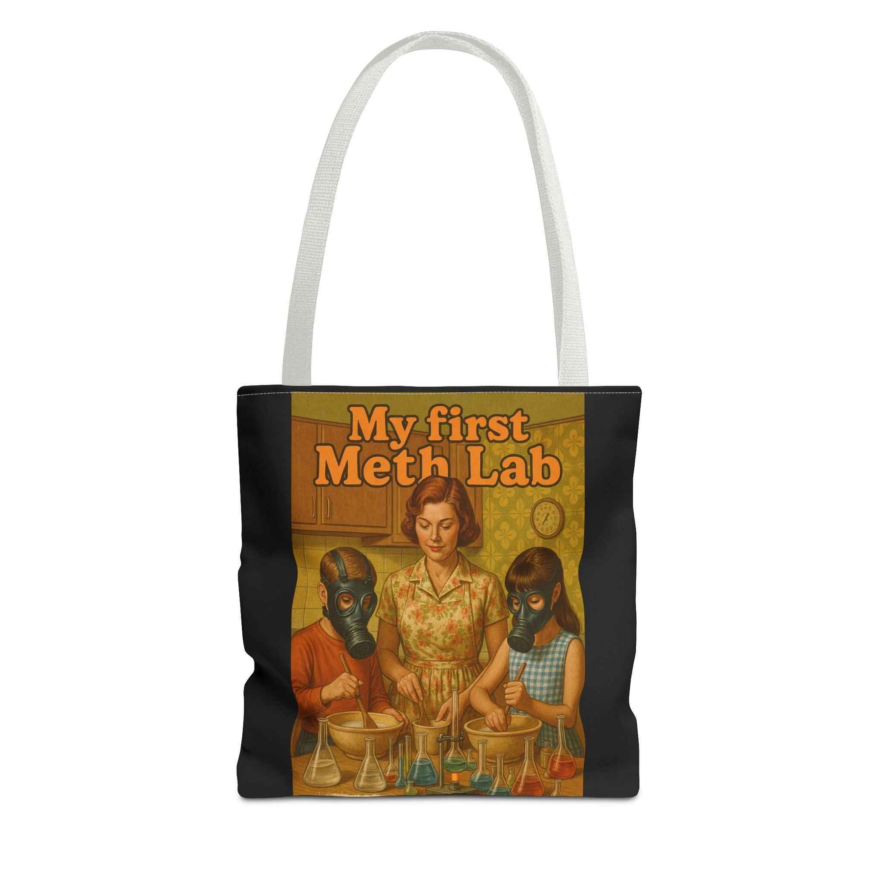 Seitliche Detailansicht der schwarzen Tote Bag mit Retro-Design und Schriftzug My First Meth Lab von True Insights