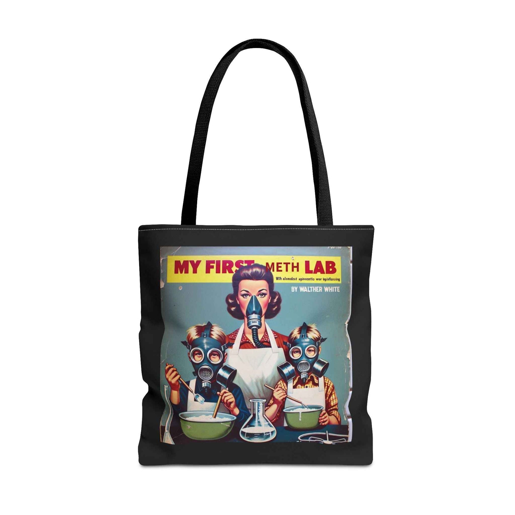 Detailansicht einer schwarzen Tote Bag mit Retro-Design und Aufschrift My First Meth Lab, inspiriert von True Insights