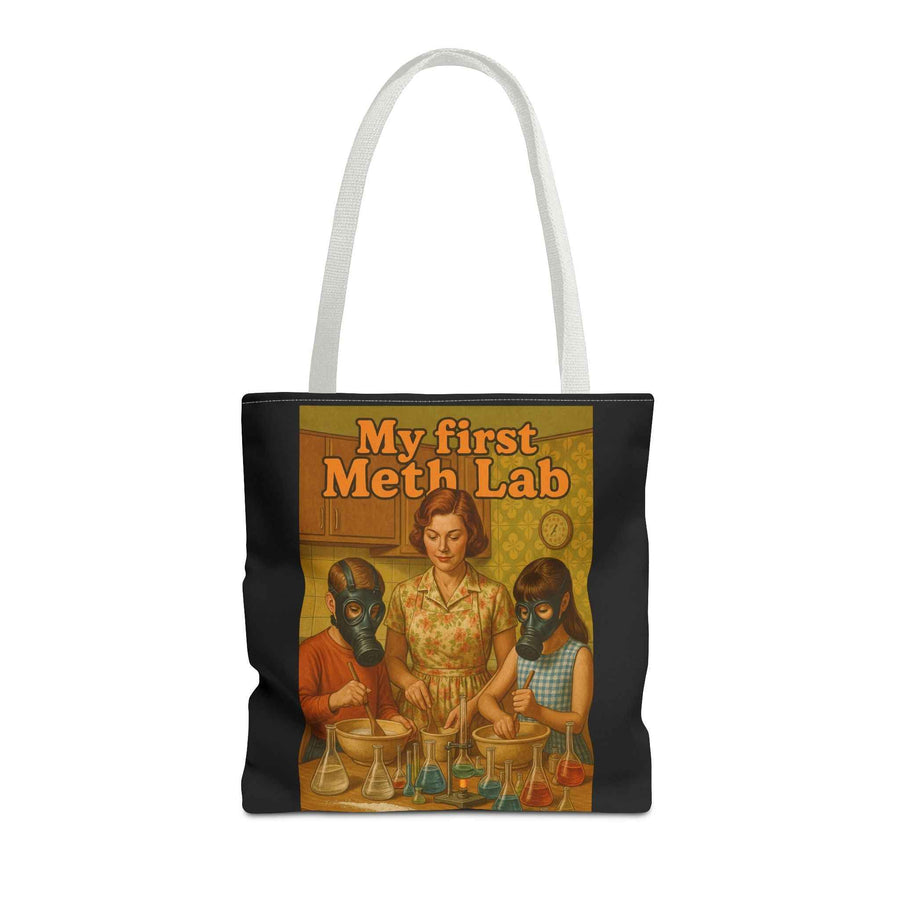 Schwarze Tote Bag mit Retro-Motiv und Aufdruck My First Meth Lab, Frontansicht, von true insights