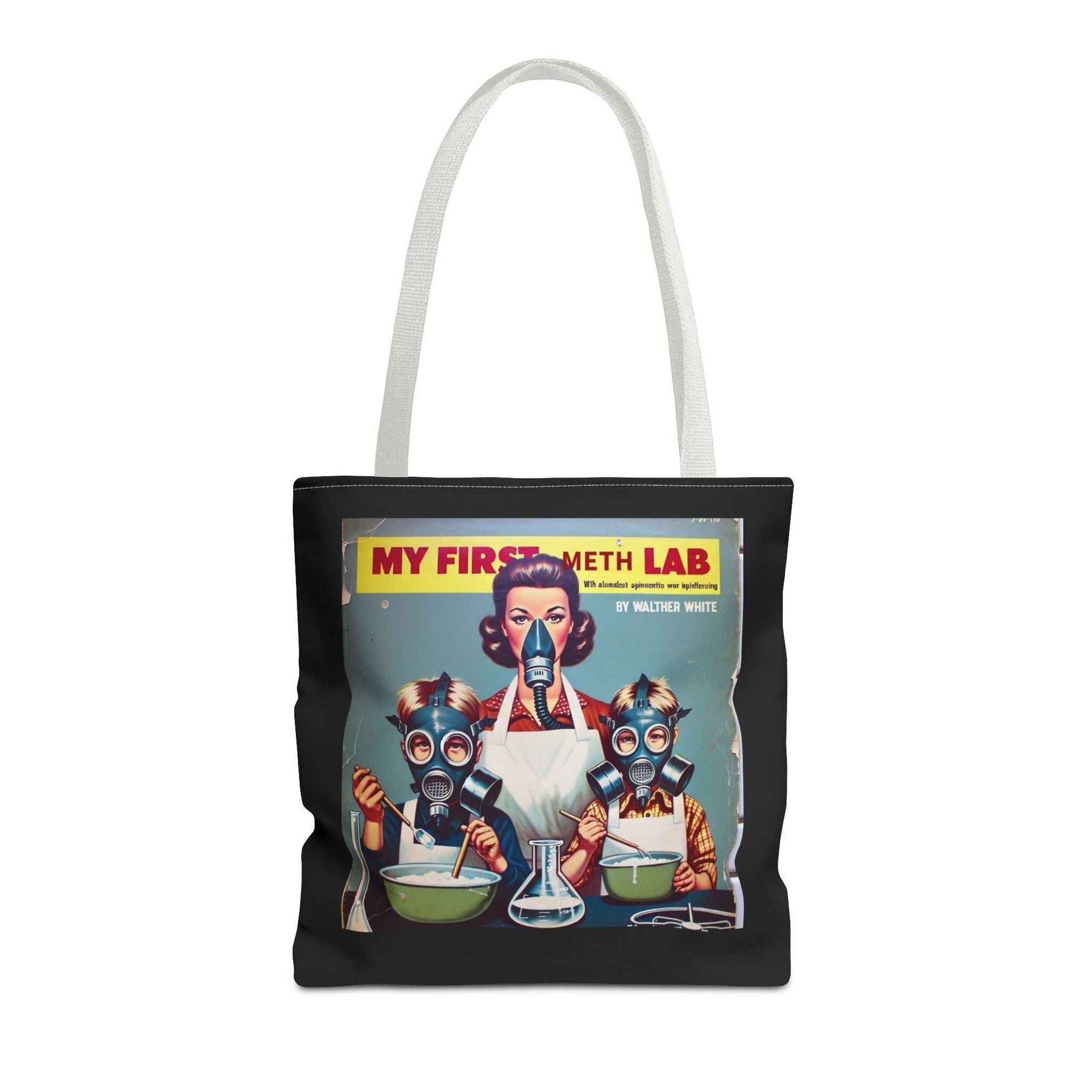 Detailansicht einer schwarzen Tote Bag mit Retro-Print und humorvollem Motiv My First Meth Lab, von True Insights