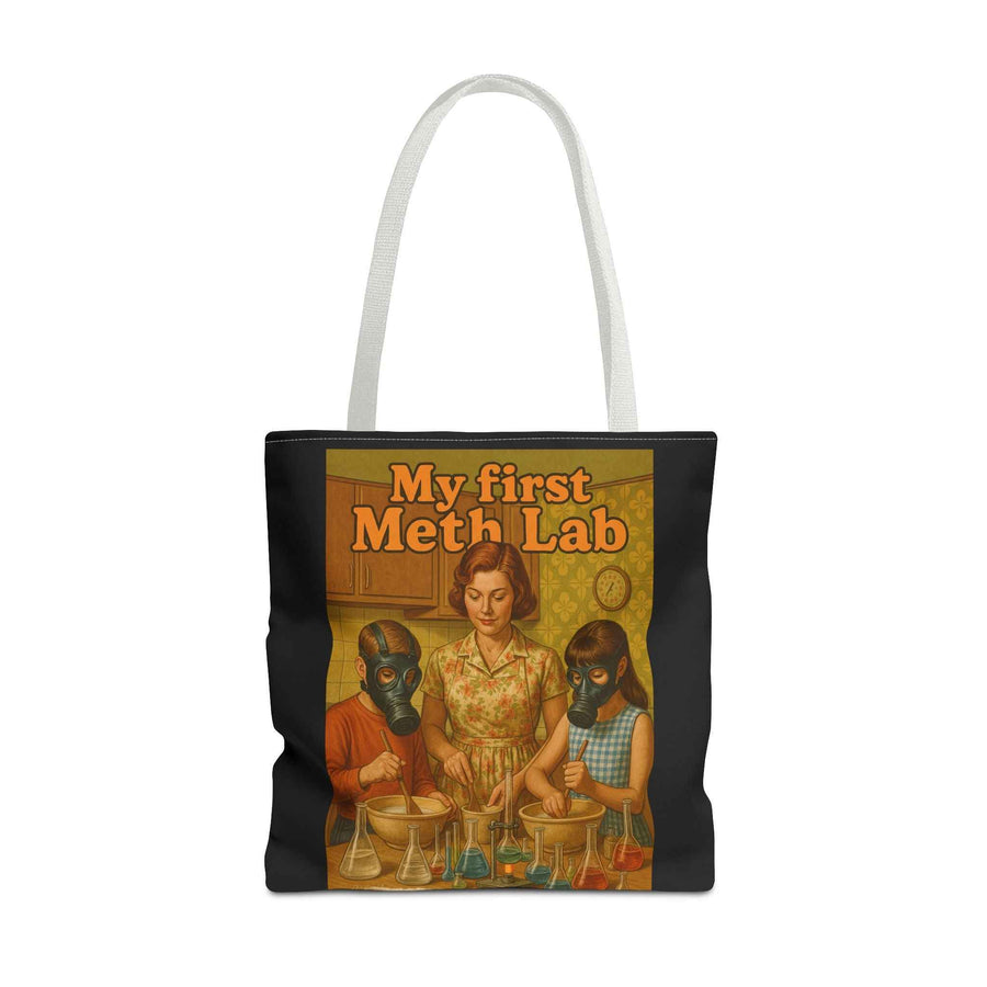 Seitliche Ansicht der schwarzen Tote Bag mit Retro My First Meth Lab Design, präsentiert von True Insights