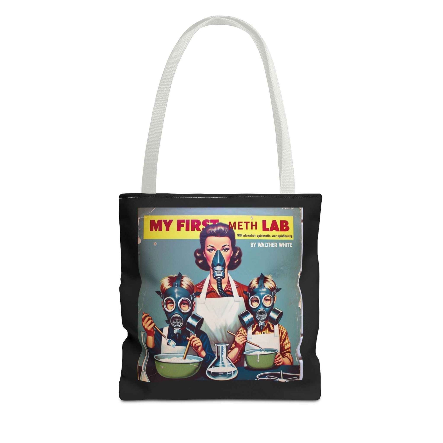 Detailansicht der schwarzen Tote Bag mit Retro-Aufdruck „My First Meth Lab“, stilvoll gestaltet von True Insights