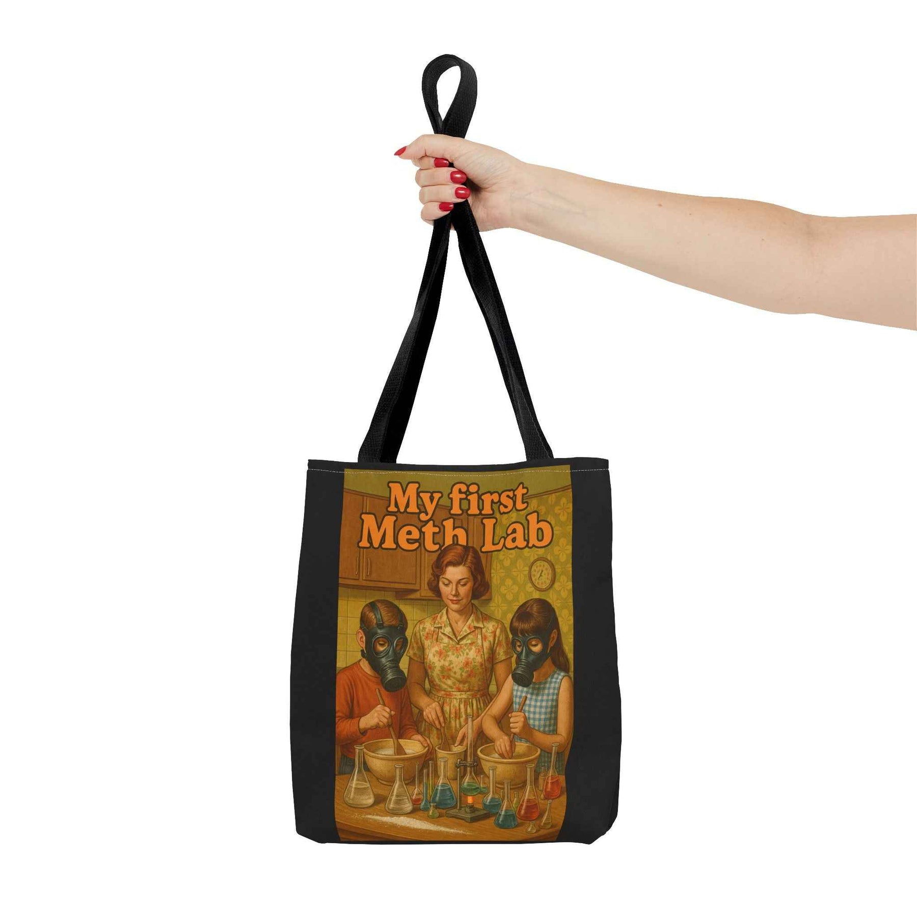 Detailansicht einer schwarzen Tote Bag mit Retro-Motiv und Comic-Illustration, ergänzt durch True Insights