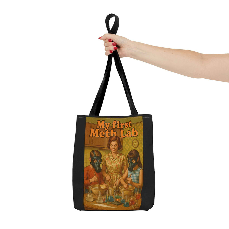 Detailansicht einer schwarzen Tote Bag mit Retro-Motiv und Comic-Illustration, ergänzt durch True Insights