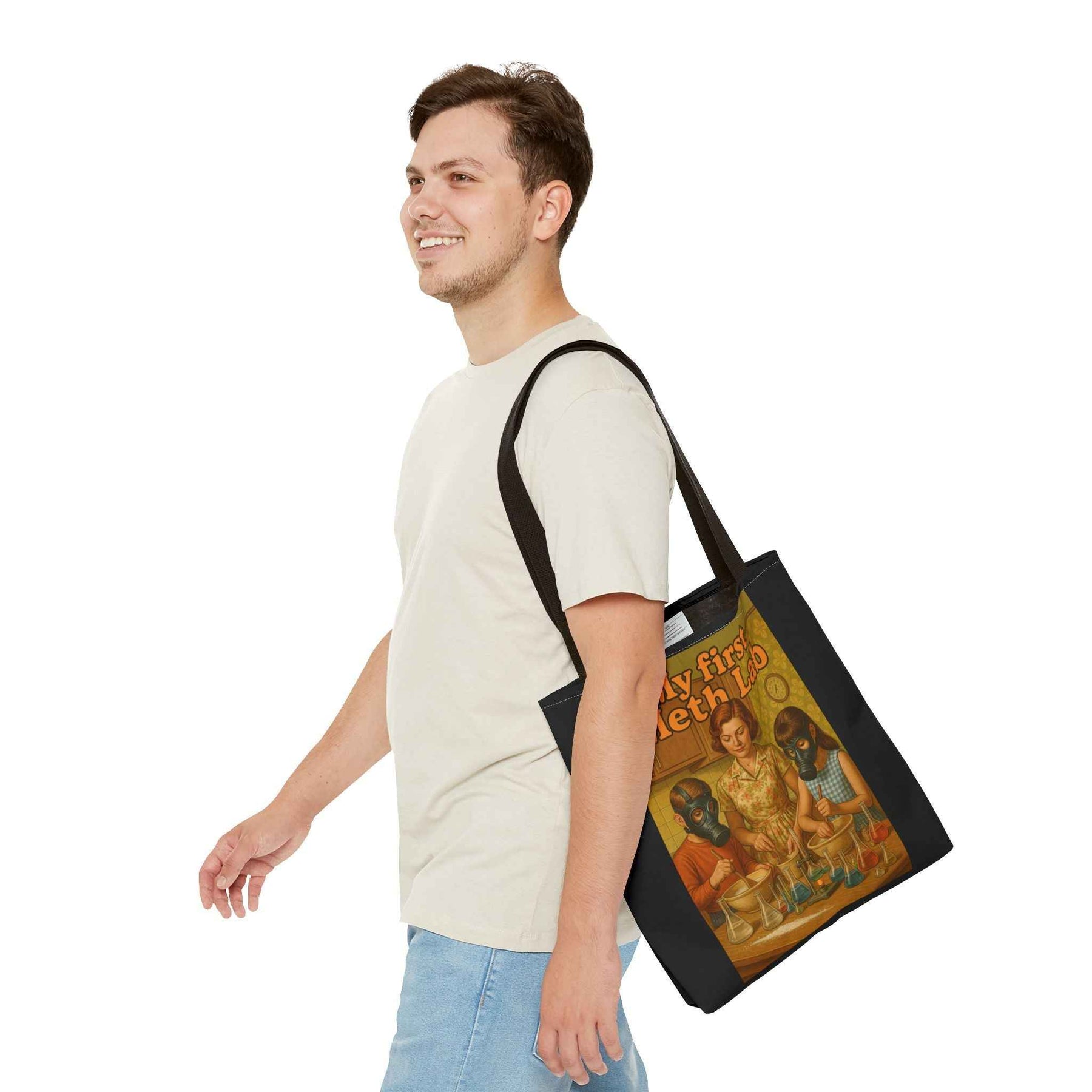 Schwarze Tote Bag mit Retro-Motiv ‚My First Meth Lab‘, Frontalansicht, gestaltet von True Insights