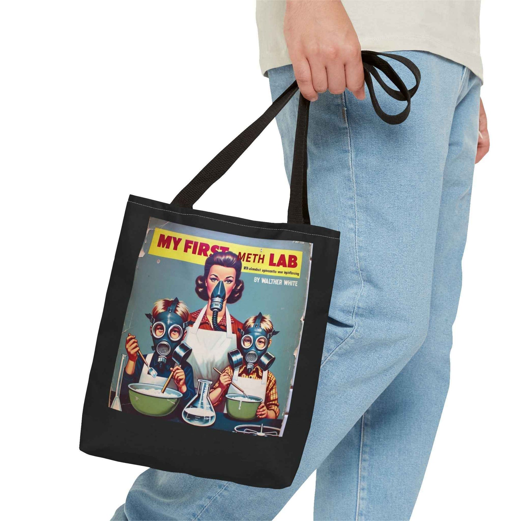 Schwarze Tote Bag mit Retro My First Meth Lab Motiv, seitlich präsentiert, von True Insights