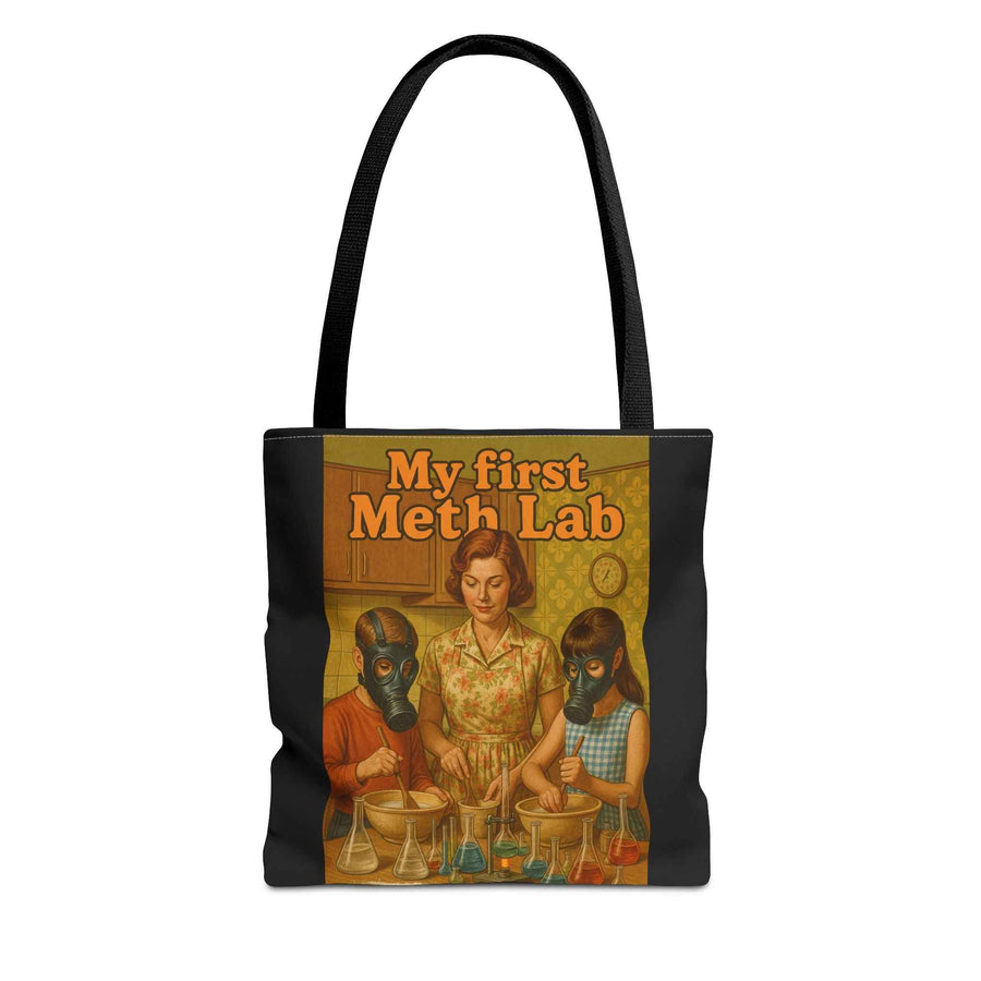 Vorderansicht einer schwarzen Tote Bag mit Retro-Motiv und Aufschrift My First Meth Lab, Produkt von True Insights