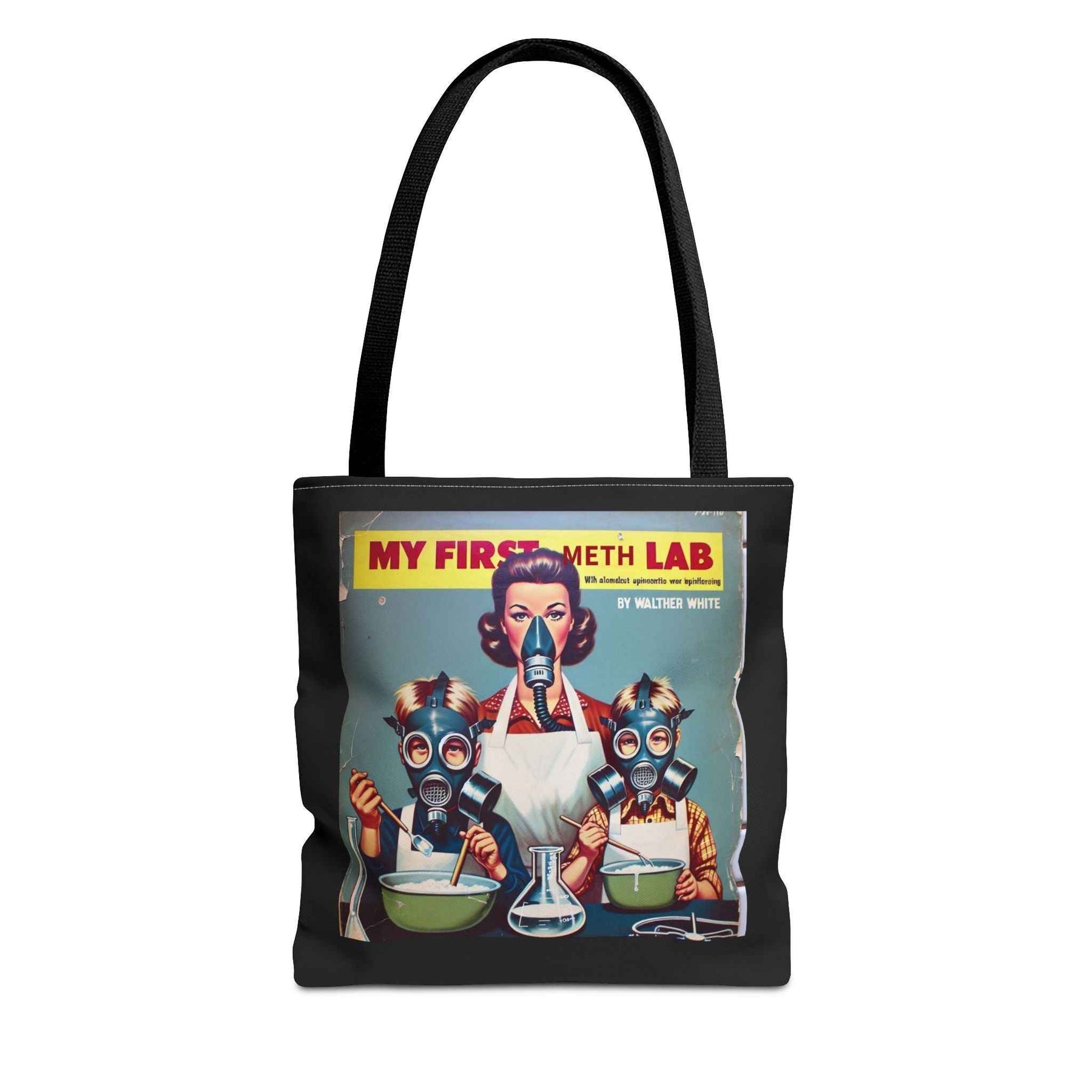 Vorderansicht einer schwarzen Tote Bag mit Retro-Aufdruck My First Meth Lab, Tasche von True Insights