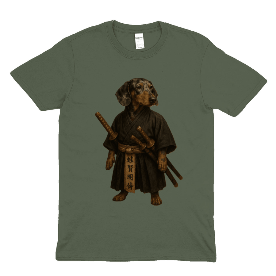 True Insights T-Shirt Samurai Dackel in Military Green, satirische Illustration mit Humor und Stil