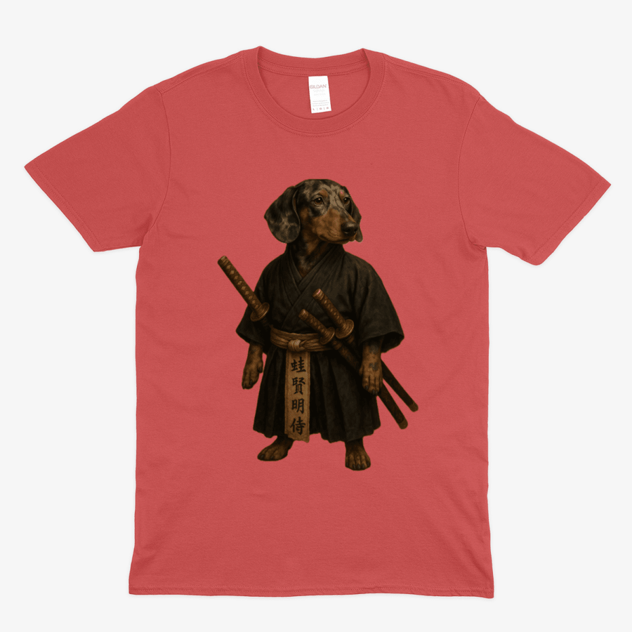True Insights T-Shirt Samurai Dackel in Red, satirische Dackel-Illustration mit Humor und Stil