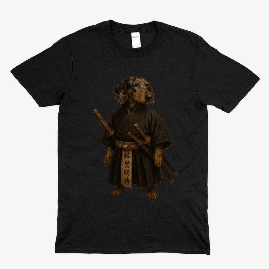 True Insights T-Shirt Samurai Dackel in Black, edle Illustration eines Dackels im Samurai-Look
