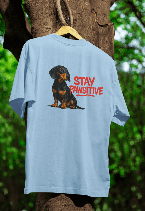 Hellblaues T-Shirt mit Dackel und Schriftzug Stay-Pawsitive im Street-Art-Graffiti-Stil fuer Hundeliebhaber. True Insights.